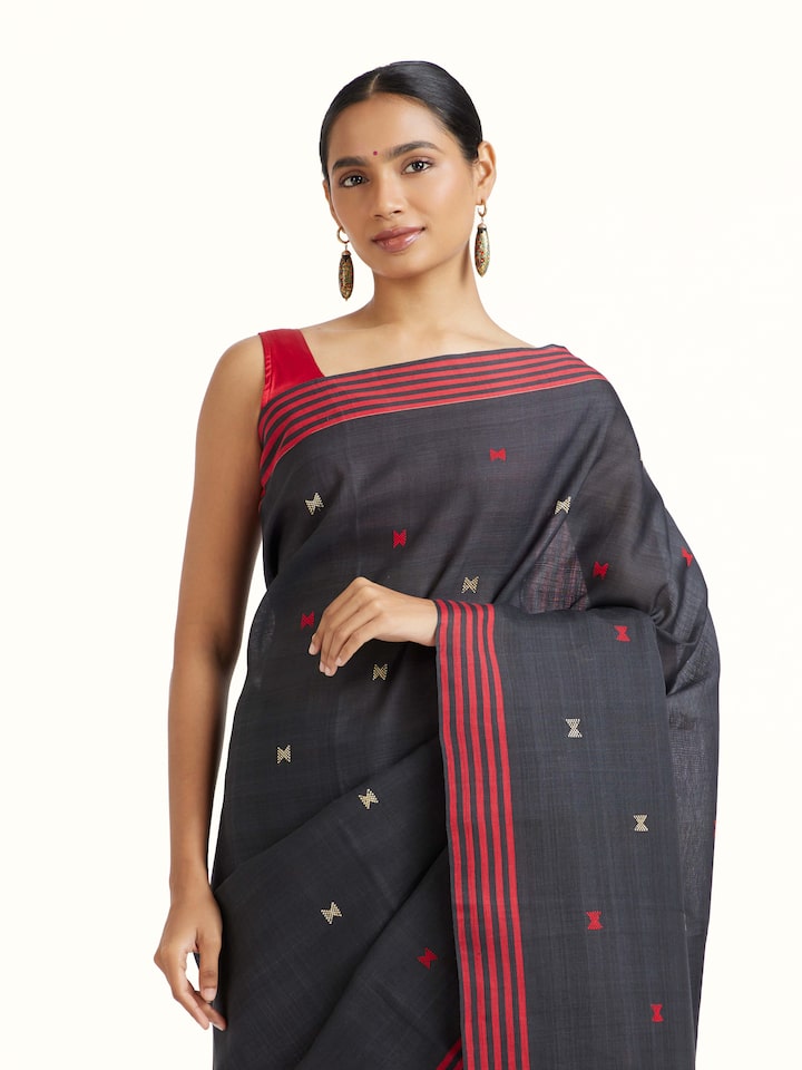 angled view of black cotton silk saree