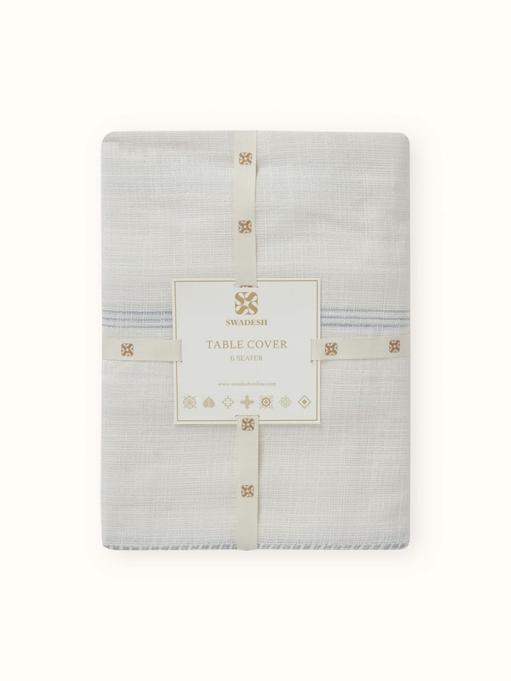 Detailed side view of Arth Light Blue Stripe Handloom Table Cover showcasing cotton fabric and stitching
