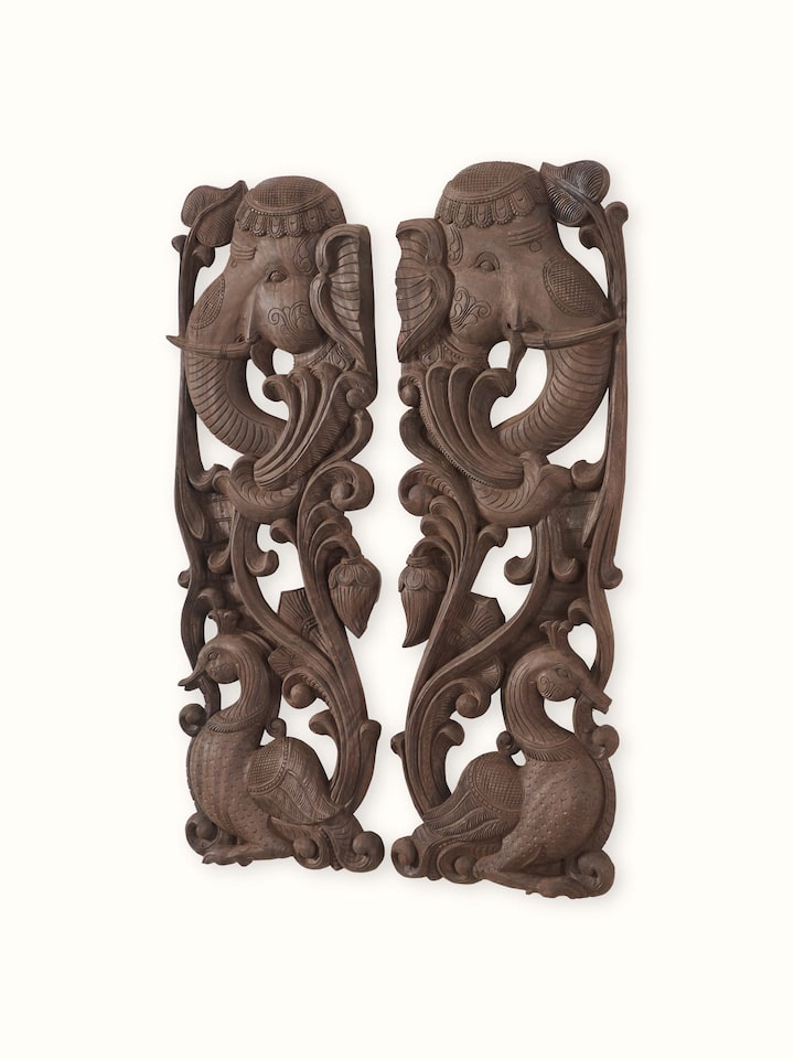 Alternate angle view of the Wood Carved Elephant Face Brackets