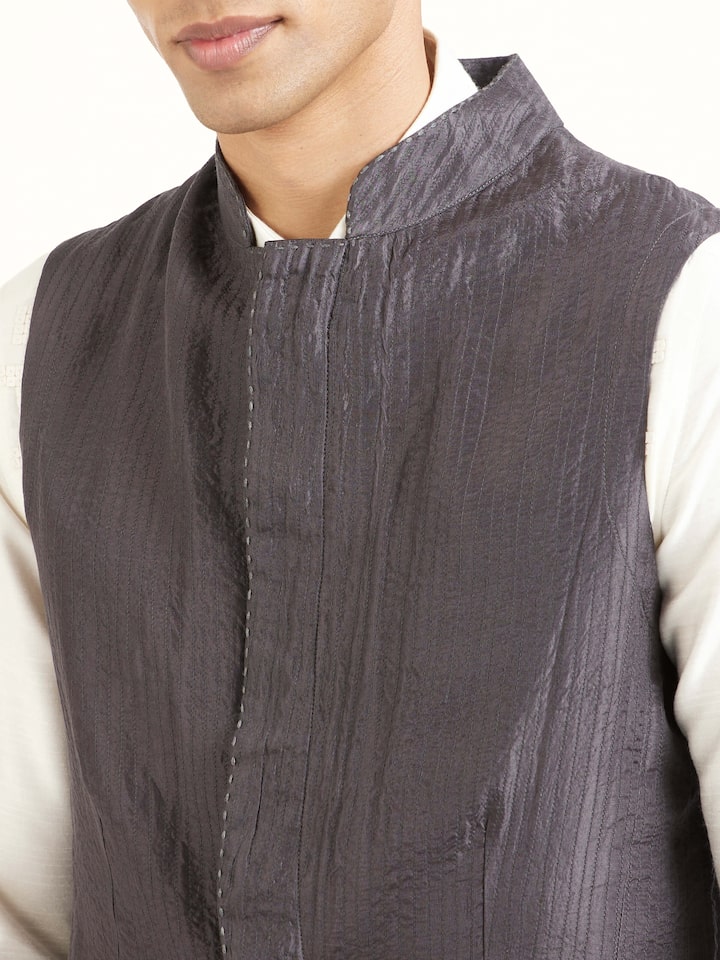 Detail view of grey silk handloom silk ethnic jacket showing weave detail