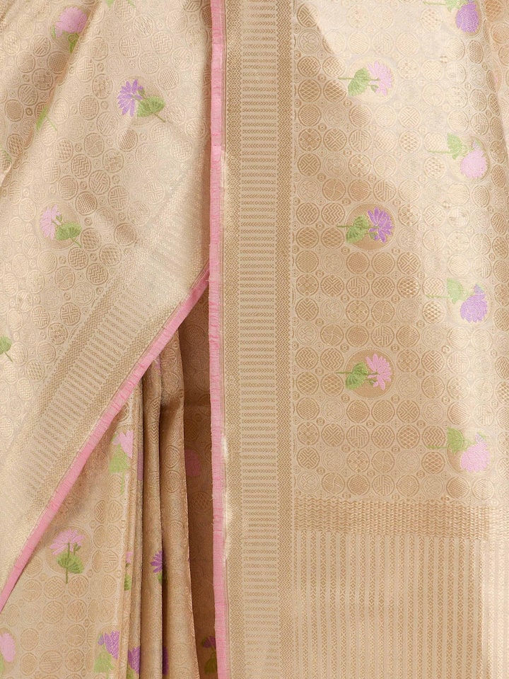 Detailed view of Off-white Banarasi Brocade Silk Saree focusing on the fine craftsmanship and texture