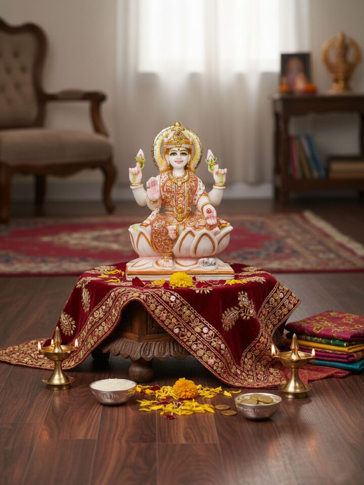 Left-side view of the Marble Carved Lakshmi Idol