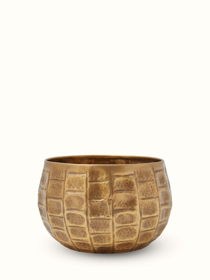 Front view of Antique Brass Planter highlighting its intricate brass detailing and design.
