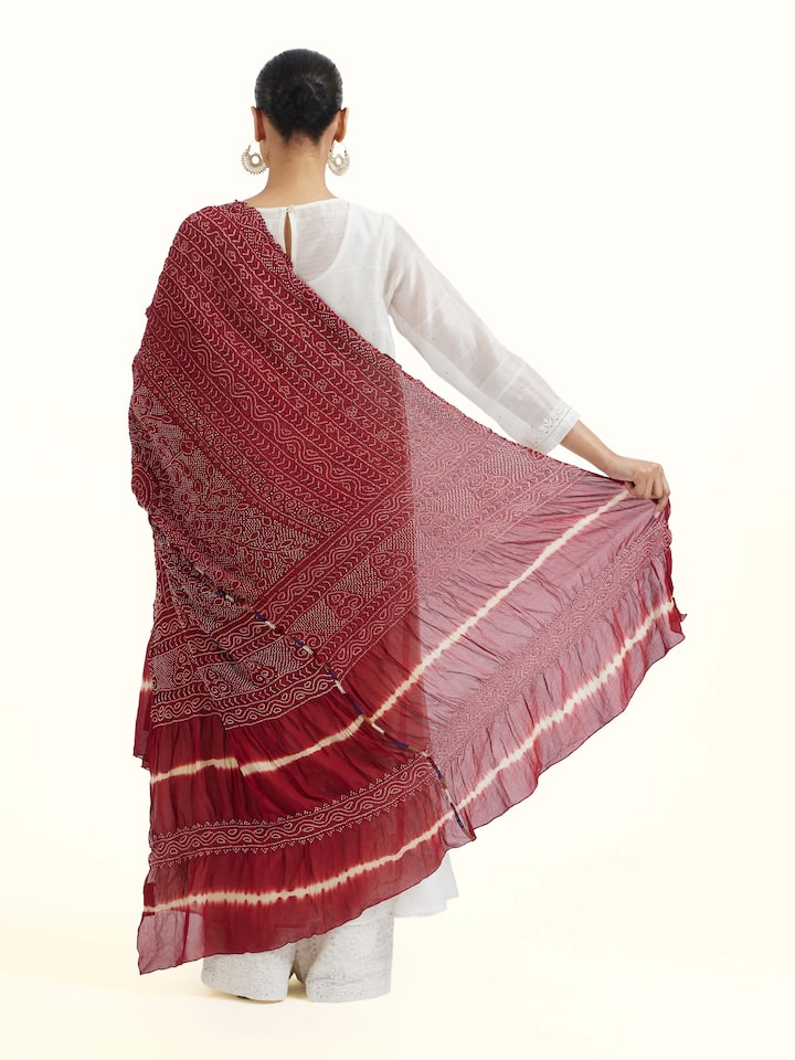 Back view of Red Bandhani Tie & Dye Dupatta II emphasizing the overall design and fine details