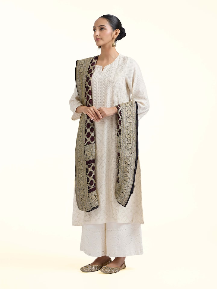 Side view of Black Bandhani Tie & Dye Silk Dupatta highlighting the detailed craftsmanship and elegant silhouette
