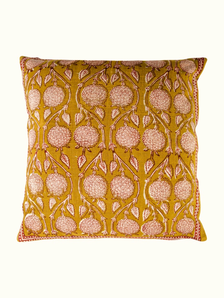 Back view of the Marigold Hand Block Dabu With Embroidery Floral Lumbar Cushion