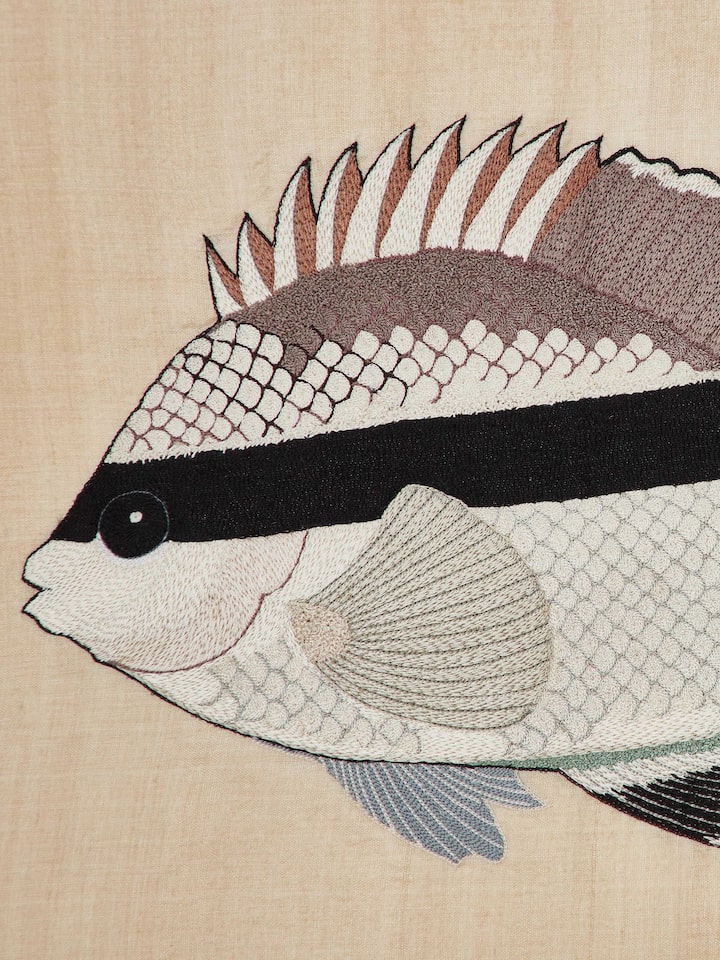 Close-up of Aari embroidery Bandit Angelfish wall art showcasing fine embroidery and texture.