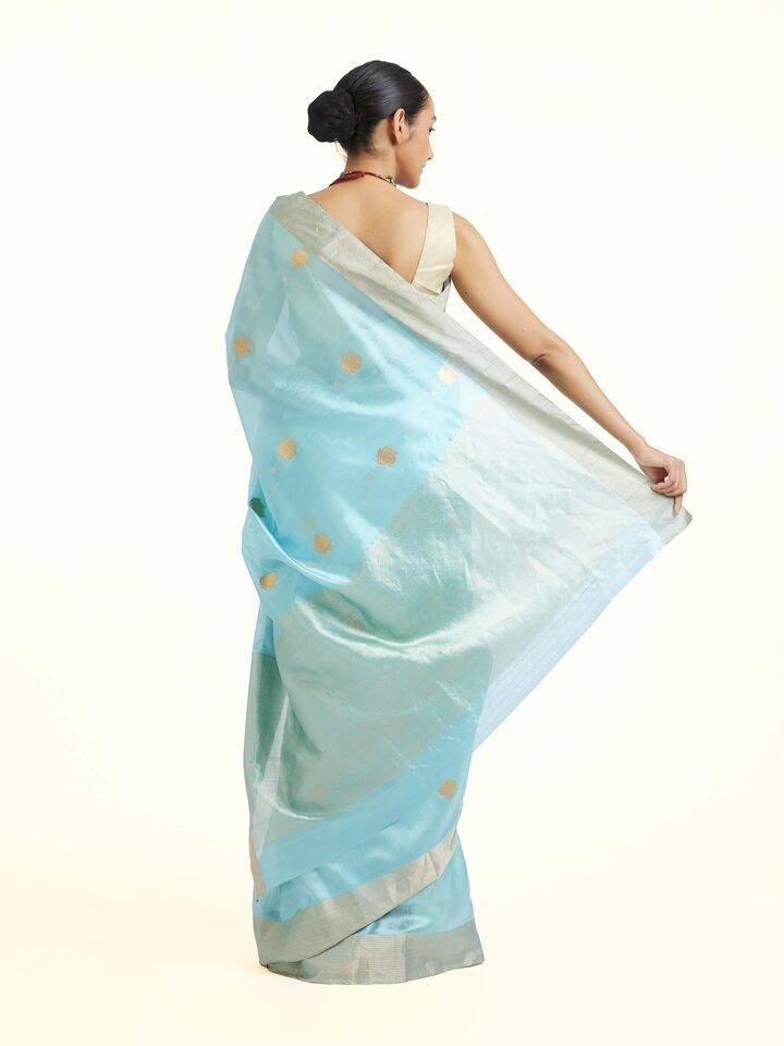 back view of teal chanderi pattu saree