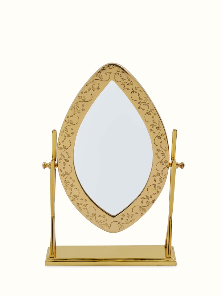 Front view of Natural Brass Table Mirror from Swadesh highlighting its sleek, reflective surface and classic brass frame.