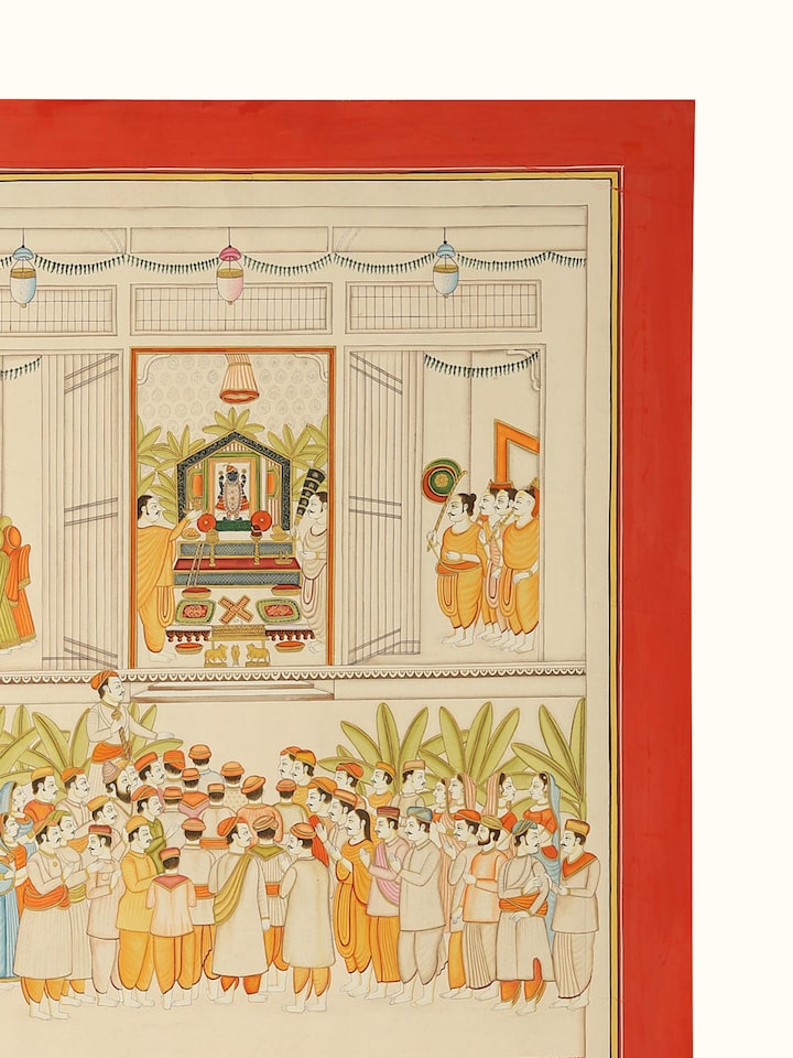 Detail view of Manorath Pichwai Painting highlighting the intricate linework and detail, from a different angle