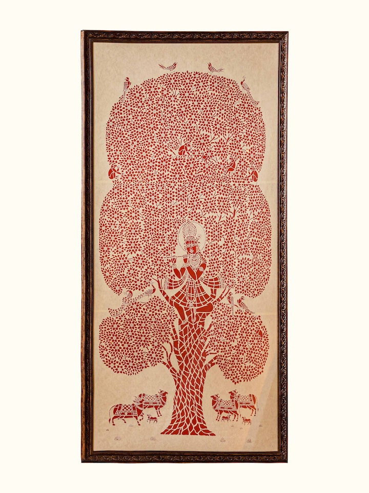 Front view of the Sanjhi Paper Stencil Kalpavriksha with Krishna Wall Art
