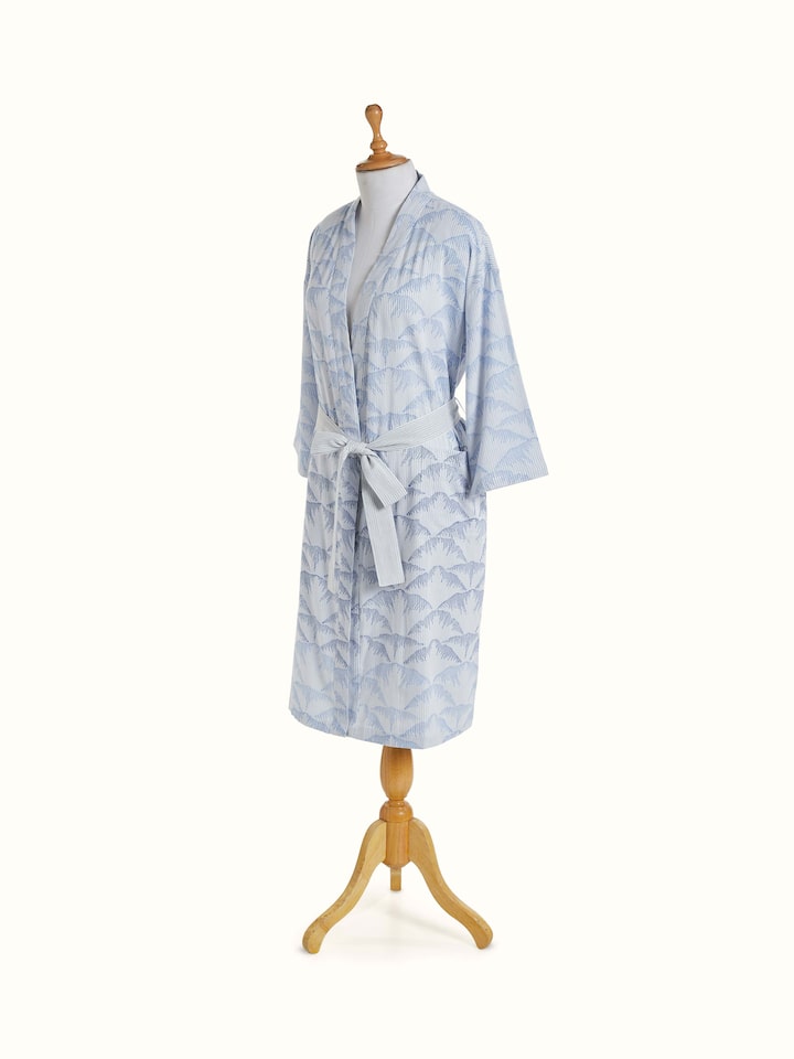 Parvat indigo ombre cotton Sanganeri block printed bathrobe, angled view highlighting print