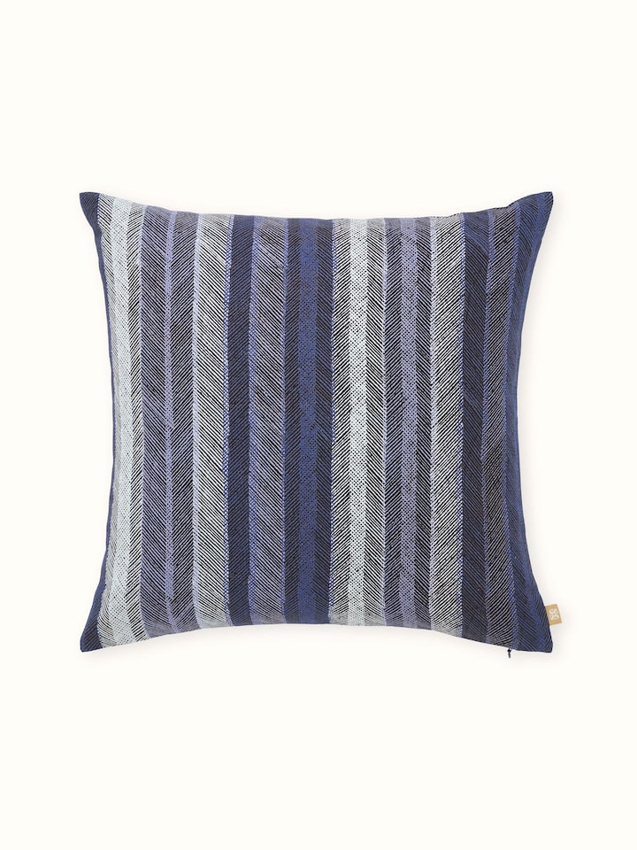 Parvat Indigo Stripe Linen Cotton Sanganeri Block Printed Cushion Cover