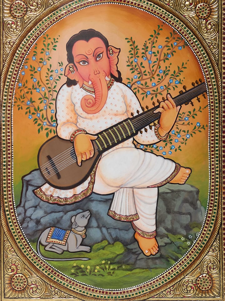 Detail view of the Ganesha with Sitar Thanjavur Painting