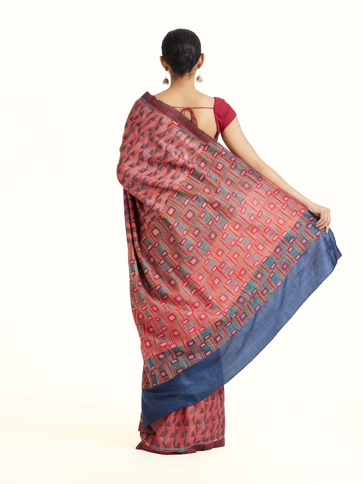 Back view of the Red Tussar Silk Discharge Printed Kantha Embroidered Saree