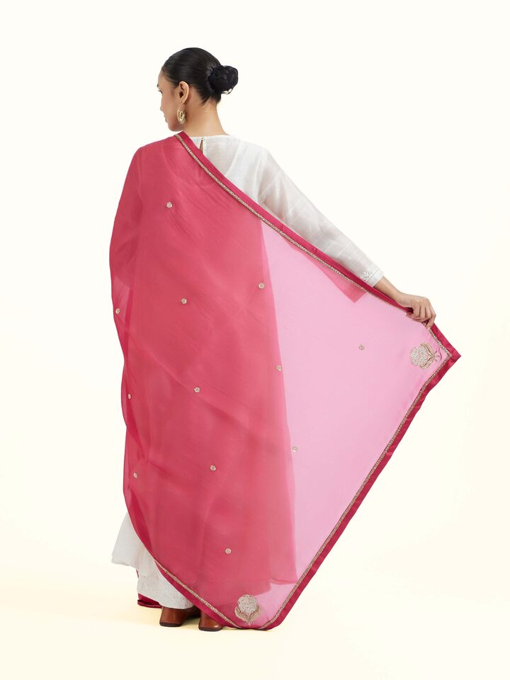 Back view of Berry Banarasi Handloom Dupatta emphasizing the overall design and fine details