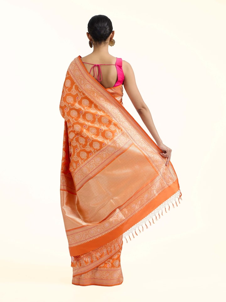 Back view of Orange Banarasi Kadhwa Silk Saree emphasizing the overall design and fine details