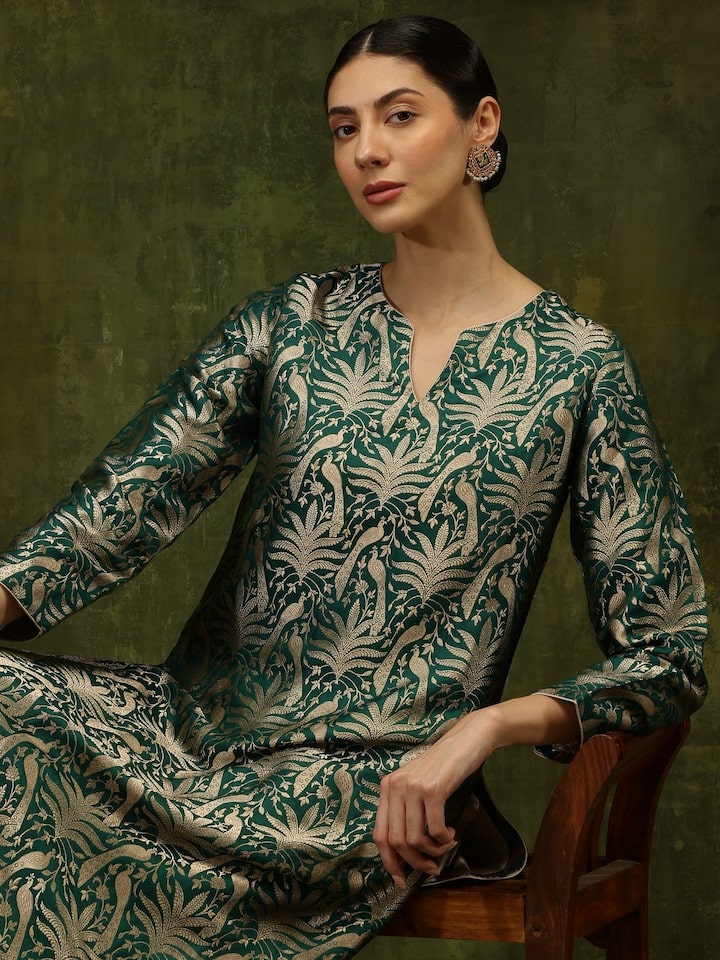 Close-up detail of Banarasi silk weaving pattern on Green Silk Kurta sleeve