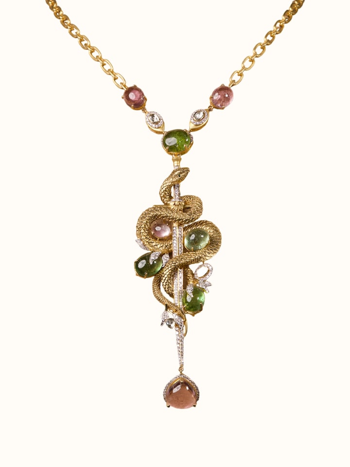 front view of open-setting 14 karat long necklace with modern design