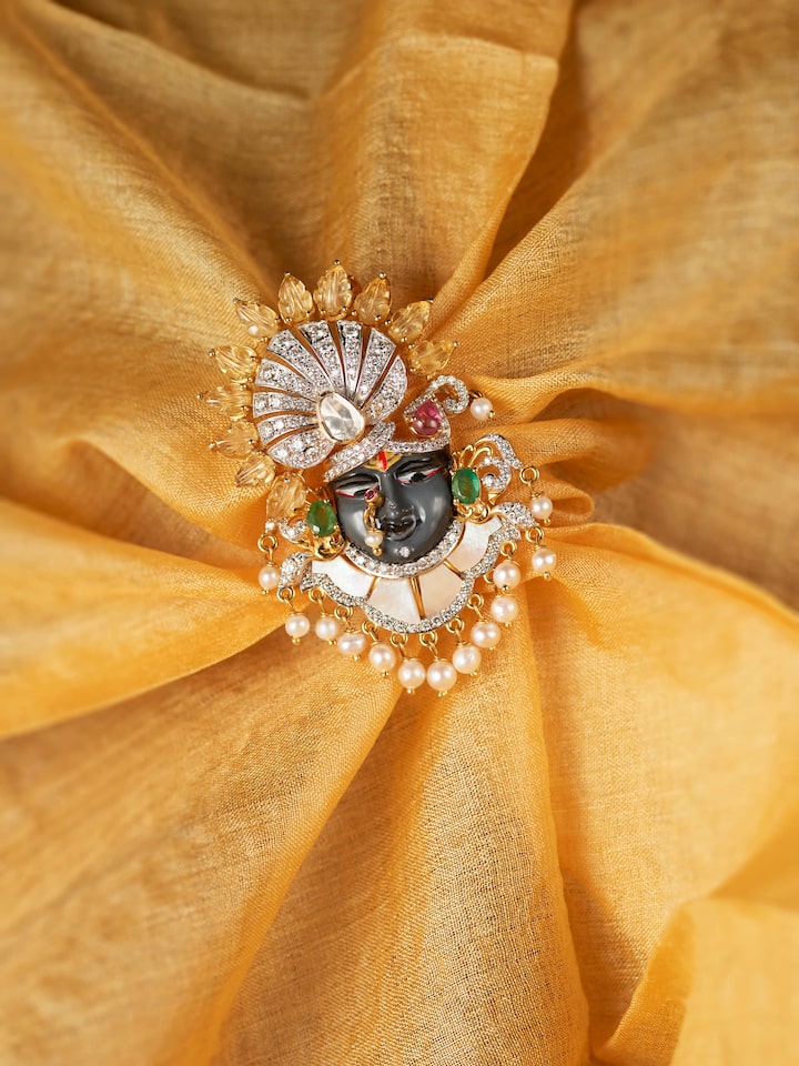 Styled view of Open Setting 14 Karat Gold Brooch pinned onto fabric, showing how it looks styled