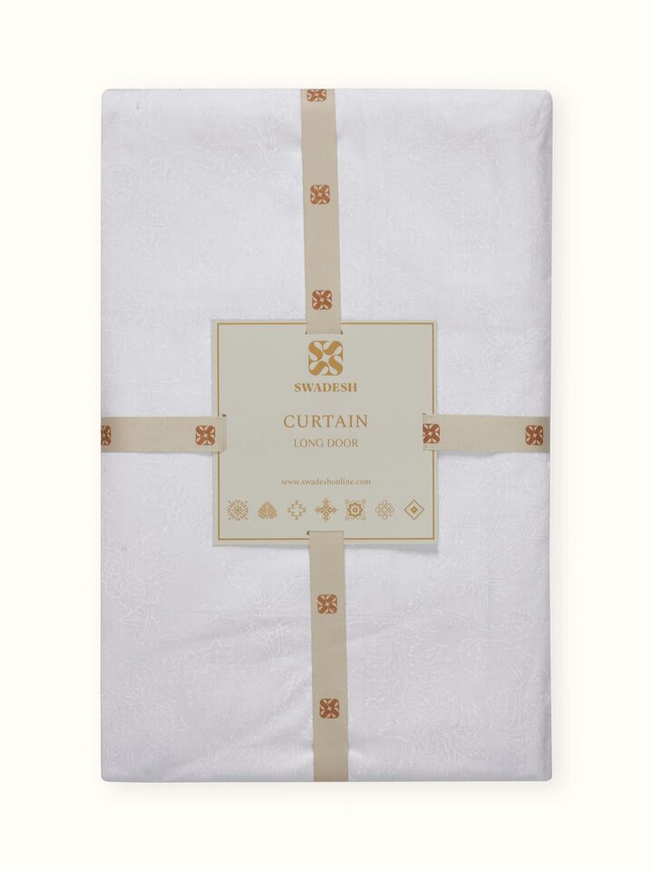 Kairavam White Floral Cotton Sanganeri Hand Block Printed Curtain, Long Door (9 Ft)