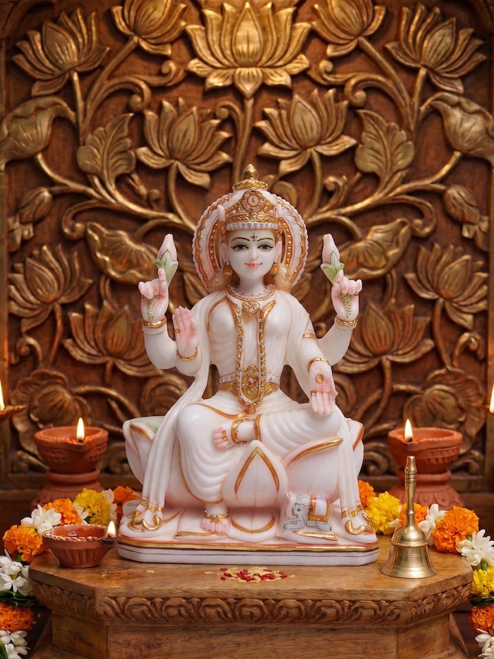 Front view of the Carved Marble Lakshmi Idol