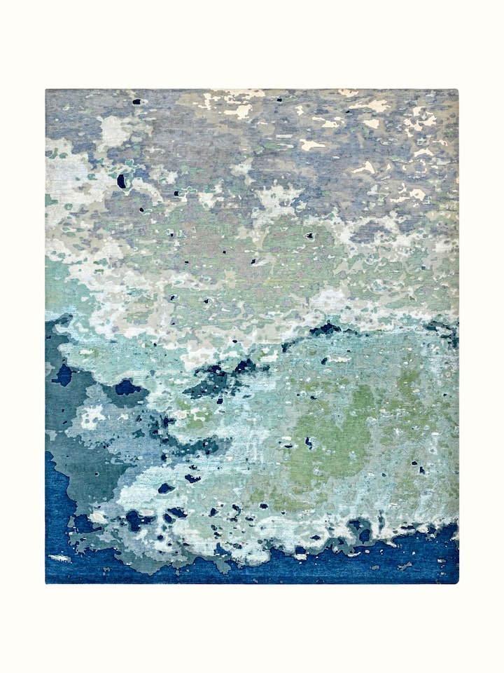 Front view of Abstract Blue Grey Bhadohi Wool & Bamboo Silk Hand Knotted Rug showing the full rug and pattern layout