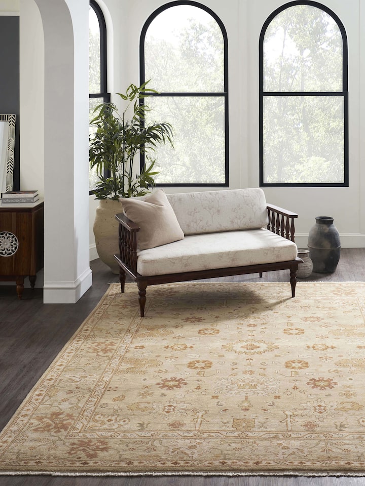 Close-up of Oushak Traditional Beige Brown Jaipur Wool Hand-Knotted Rug, highlighting the detailed design and wool texture.