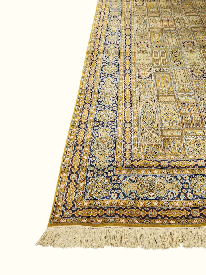 Top view of the Traditional Persian Ochre Khesti Kashmir Silk Hand-Knotted Carpet
