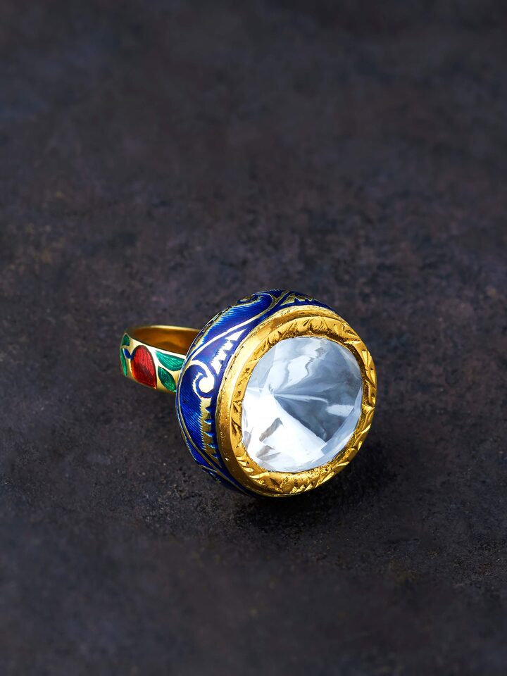 Styled view of Jadau 18 Karat Gold Ring worn on the finger, showing how it looks styled, from a different angle