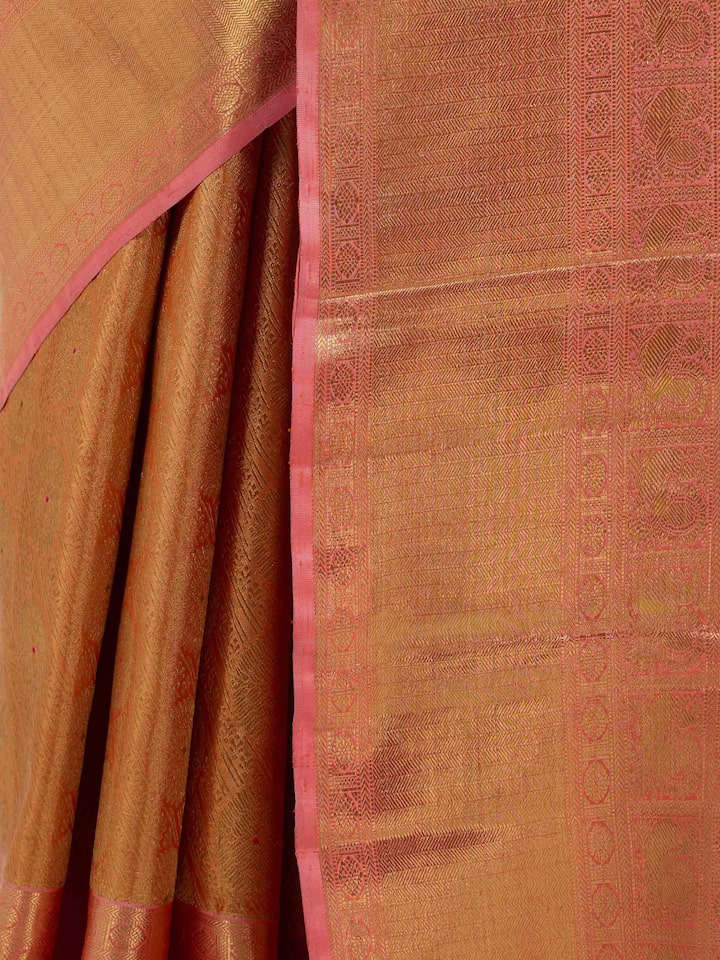 Detail view of Yellow Silk Kancheepuram Saree highlighting the intricate weave pattern