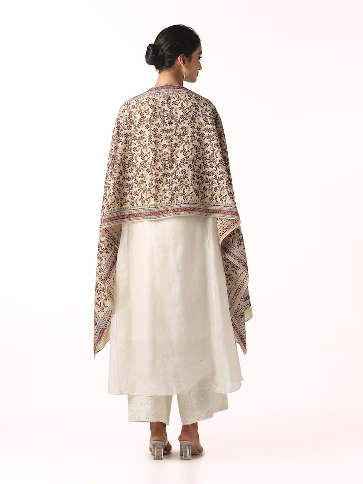 back view of beige cotton bagru block printed stole
