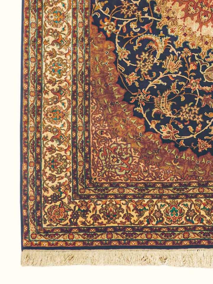 Close-up of the Traditional Persian Navy Rust Isfahan Kashmir Silk Hand-Knotted Carpet