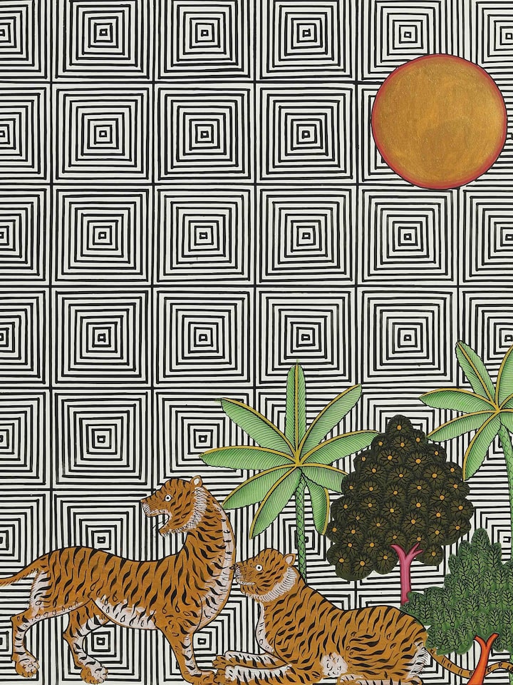 Detail view of the Tiger Forest Geometric Pichwai Painting