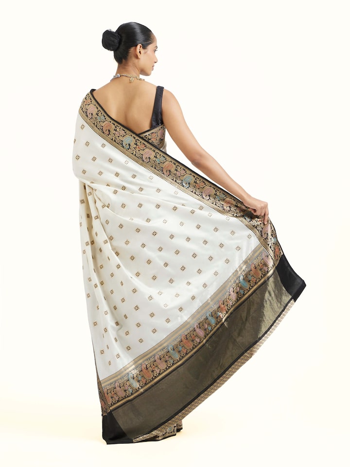 Back view of Off-white Banarasi Kadhwa Silk Saree emphasizing the overall design and fine details