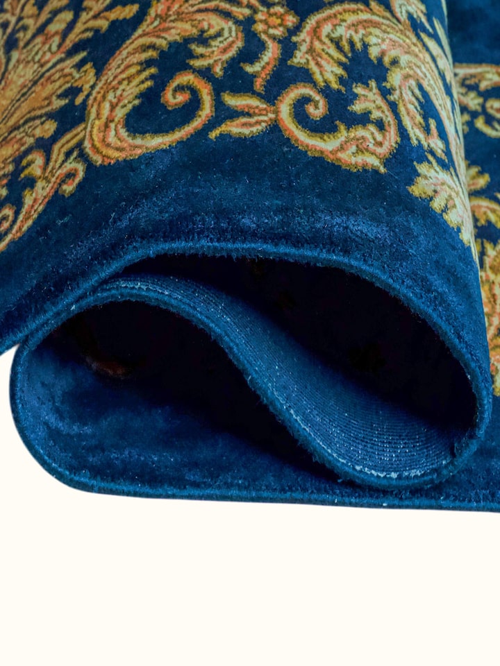 Detailed view of the Traditional Persian Navy Opan Kashmir Silk Hand-Knotted Carpet craftsmanship