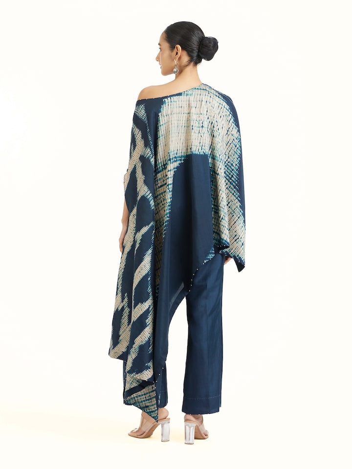 Back view of blue silk Shibori co-ord set displaying complete design