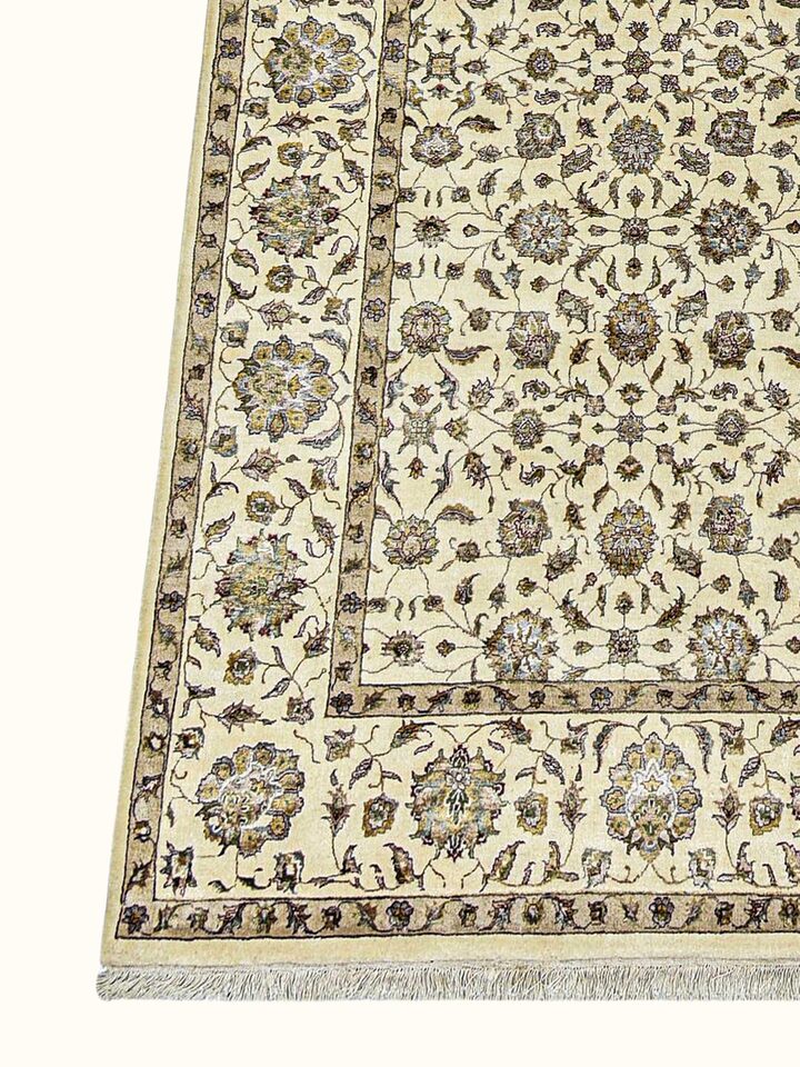 Close-up view of Traditional Kashan Ivory Beige Bhadohi Wool-Viscose Hand Knotted Rug highlighting the hand-knotted weave and motif detail