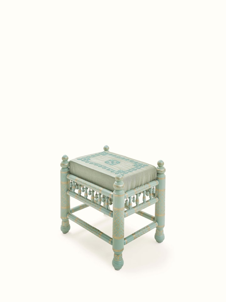 Angled view of Upholstered Teak Wood Sankheda Square Stool showing the detailed upholstery