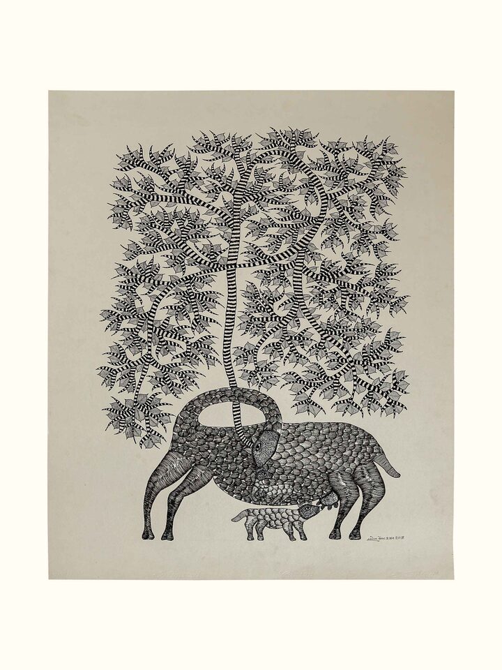 Front view of the Calf Under Mother Tree Gond Art