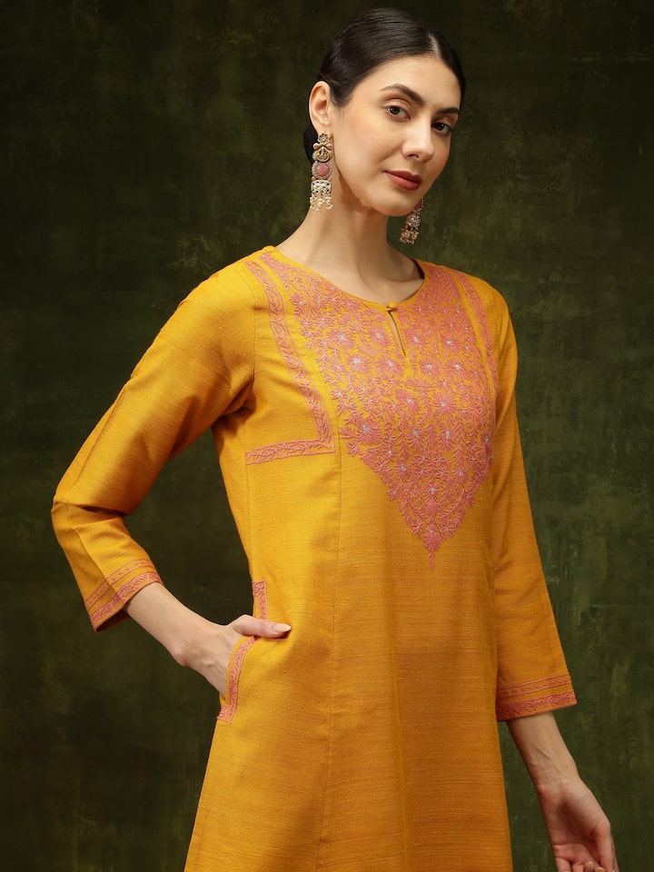 Mustard Silk Crewel Embroidered A-Line Kurta