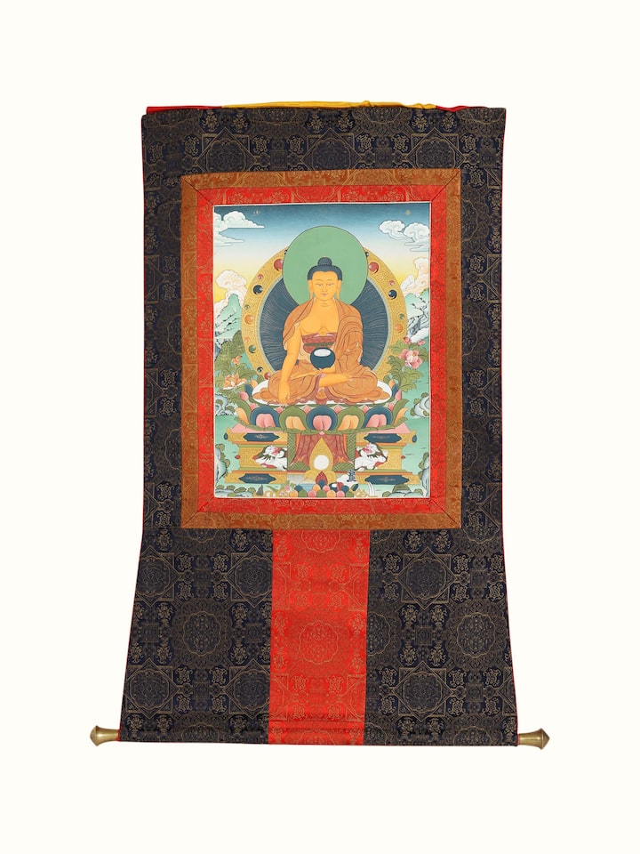 Angled view of the Medicine Buddha Mantra Thangka Painting