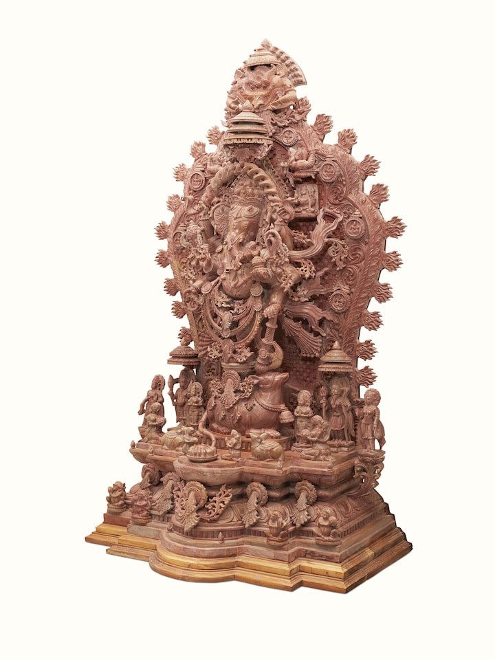 Close-up view of Stone Ganesha Idol focusing on the craftsmanship and fine details of the stone carving