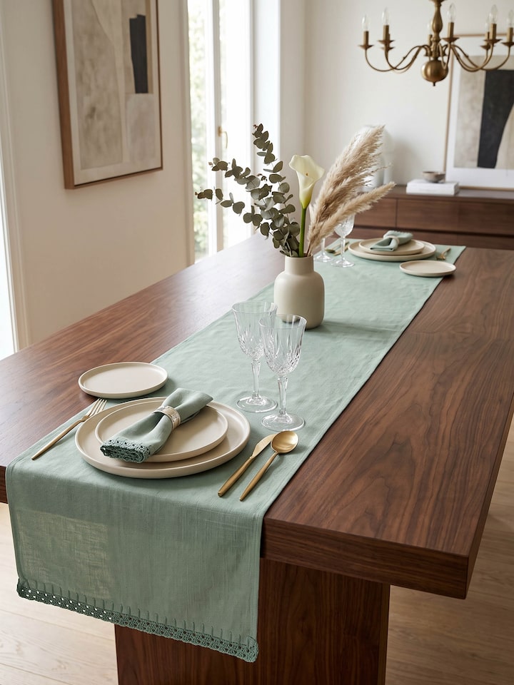 Styled view of Nityam Green Cotton Slub Crochet Table Runner styled on a table or bed setting
