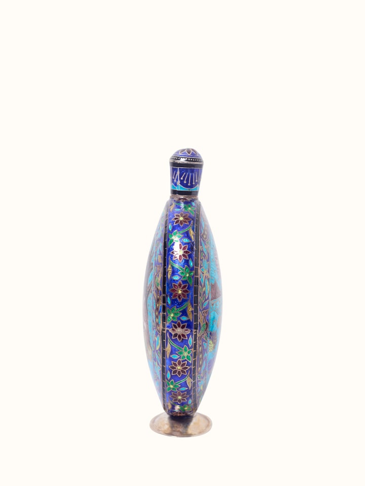 Styled view of Enamelled High Gloss Silver Flask styled in a home setting, from a different angle