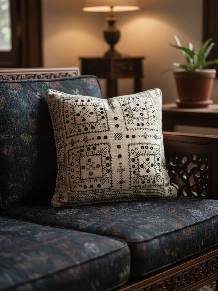 Folk geo hand embroidered checkered cushion cover with detailed embroidery, lifestyle view