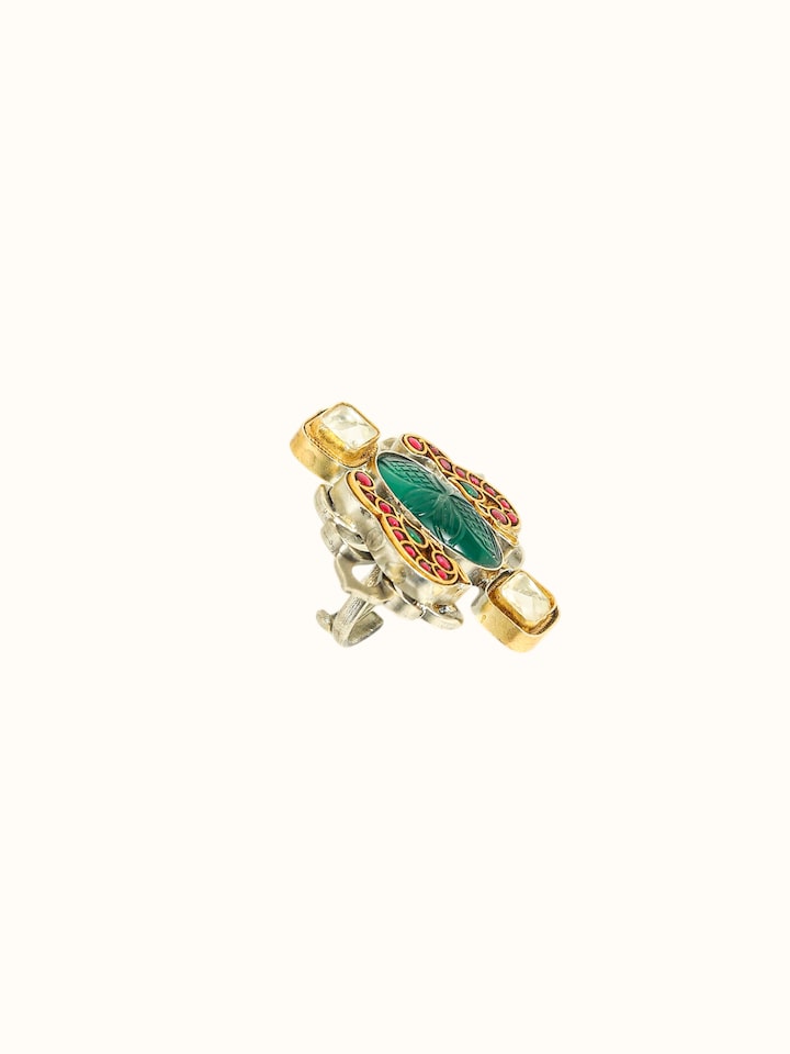 Close-up of the Dank Polki Two-Tone Silver Ring craftsmanship