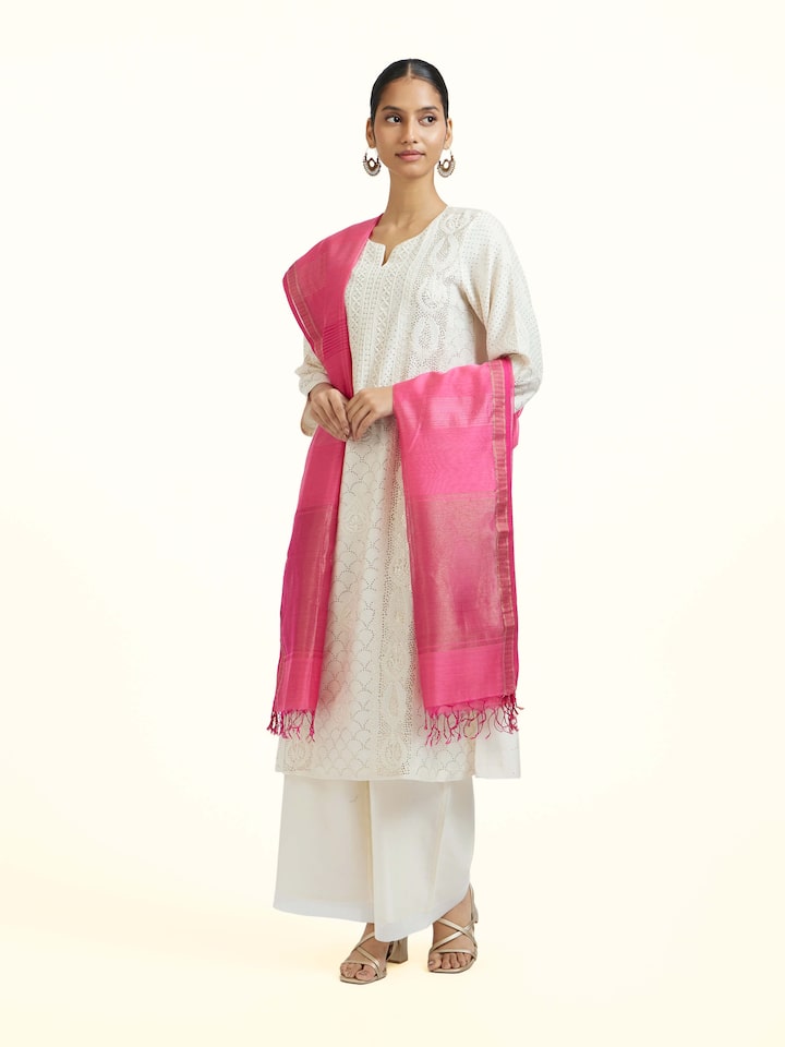 Side view of the Fuschia Cotton Silk Maheshwari Zari Border Dupatta