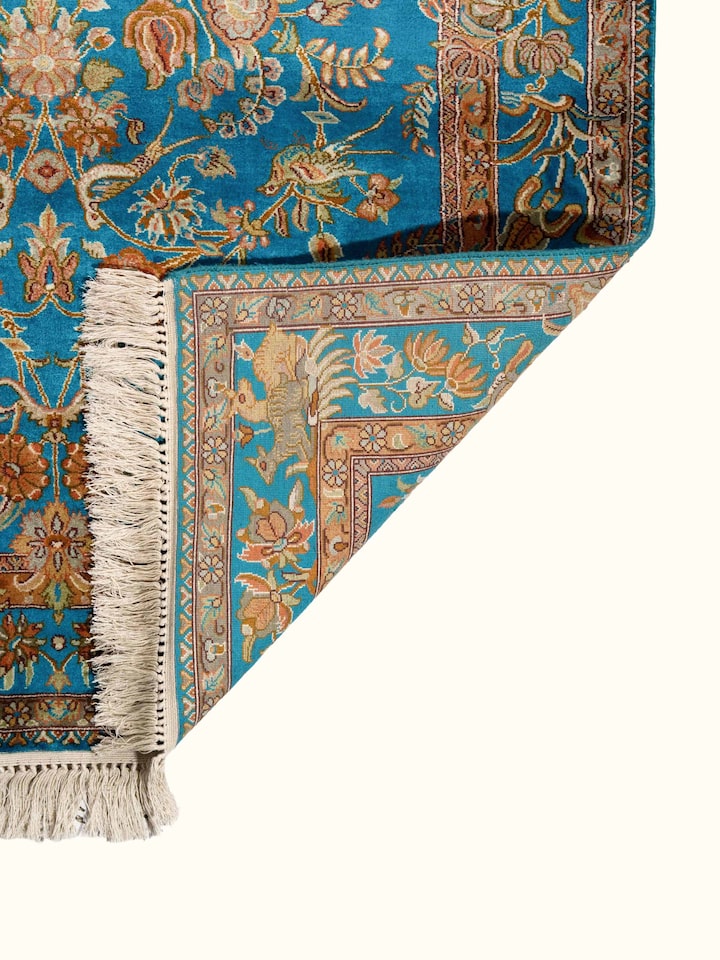Traditional Persian Blue Mahal Kashmir Silk Hand-Knotted Carpet