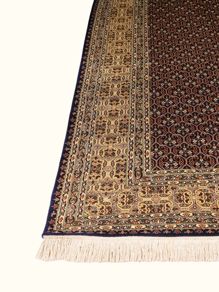 Top view of the Traditional Persian Navy Ivory Senneh Kashmir Silk Hand-Knotted Carpet